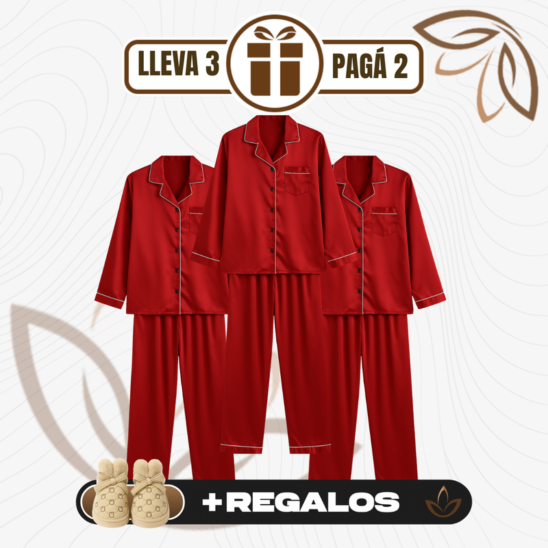 [Llevá 3 Pagá 2] Pijama Femenino Mona en Satén y Seda Hielo (Confort y Suavidad Únicos) + Pantufas de Regalo