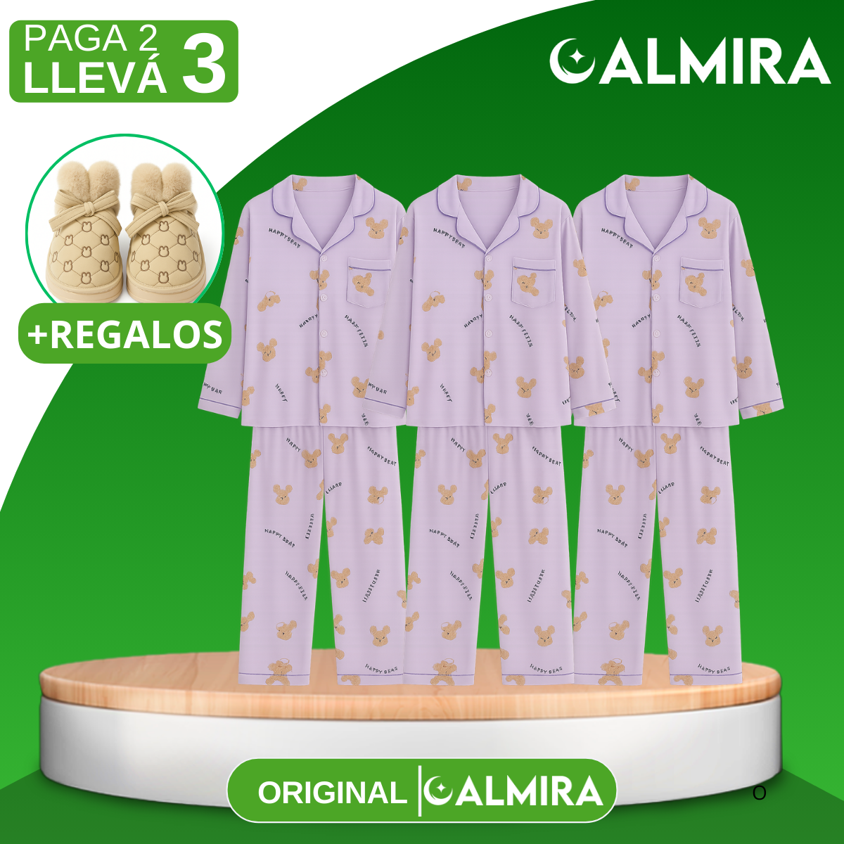 [Llevá 3 Pagá 2] Pijamas Femeninos en Seda Hielo y Algodón + REGALO: Par de Pantuflas
