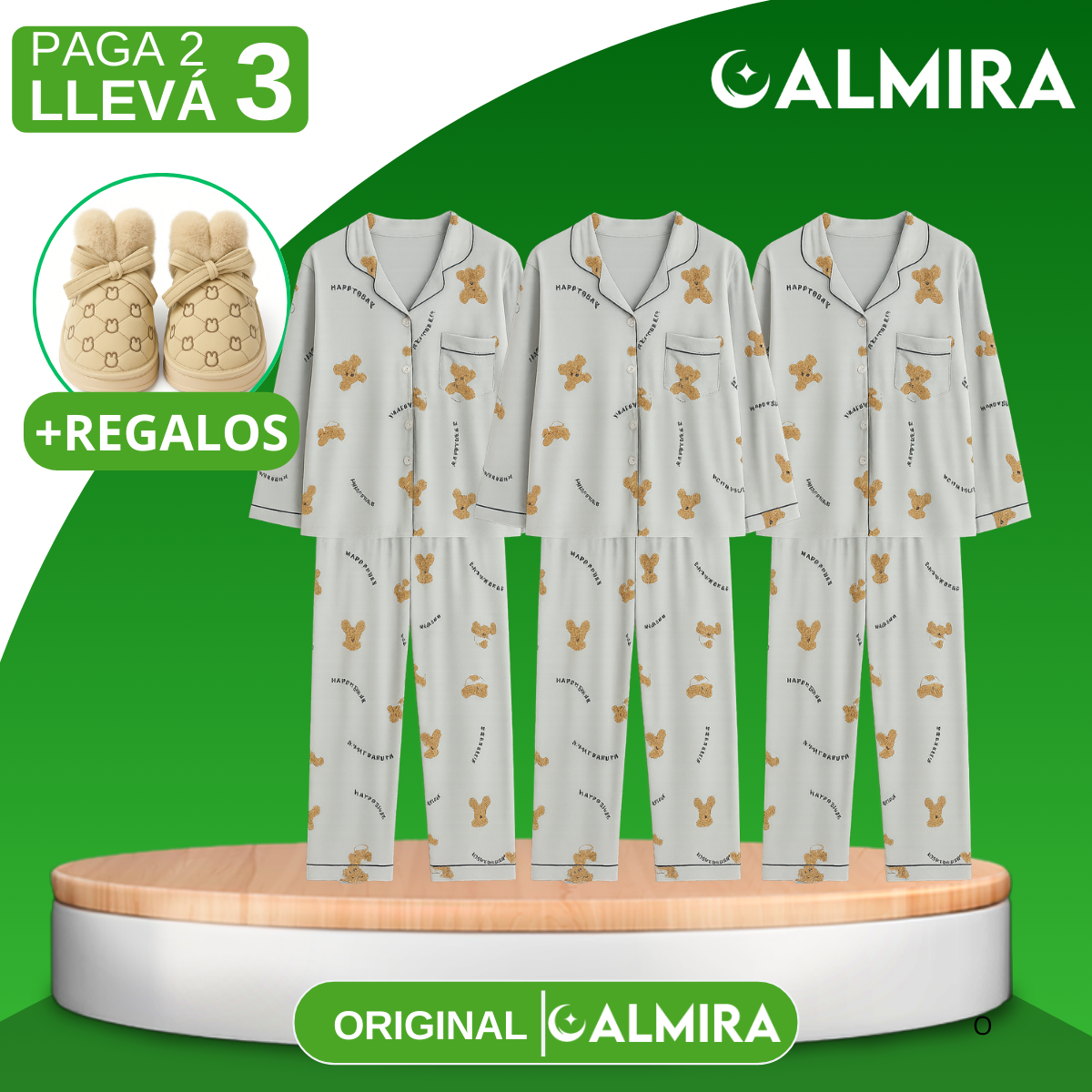 [Llevá 3 Pagá 2] Pijamas Femeninos en Seda Hielo y Algodón + REGALO: Par de Pantuflas