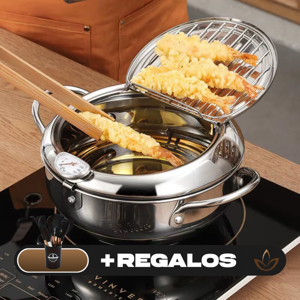 Fritadeira de Acero Inoxidable con Medidor de Temperatura y Escurridor Incorporado + Kit de Utensilios de Cocina